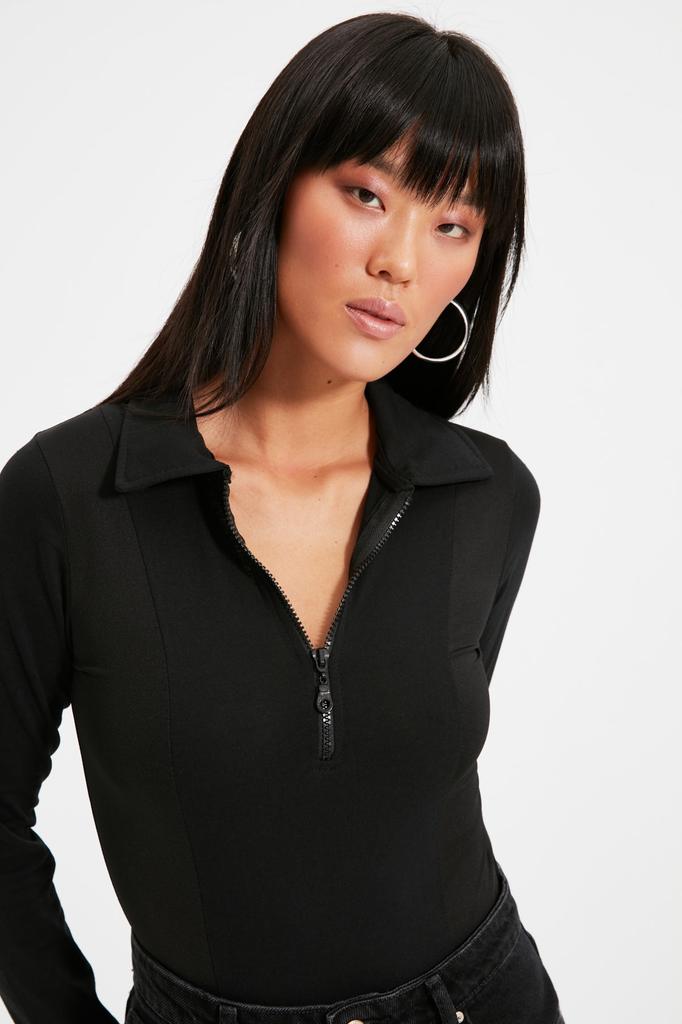 Women's Fashion New Bodysuit Black Zippered Polo Neck Fitted Stretchy Knitted Bodysuit with Snap Fasteners