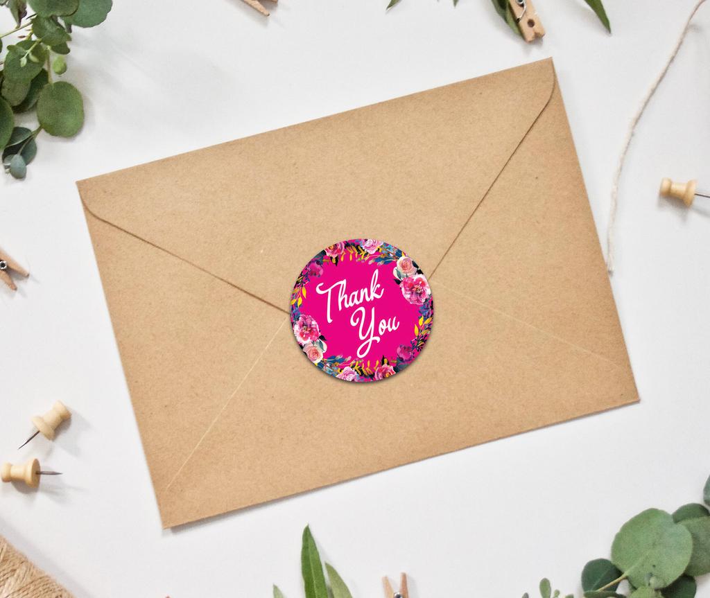 Darling Souvenir Round 45 Pcs Floral & Vines Border Black Thank You Stickers Envelope Seal-1.6