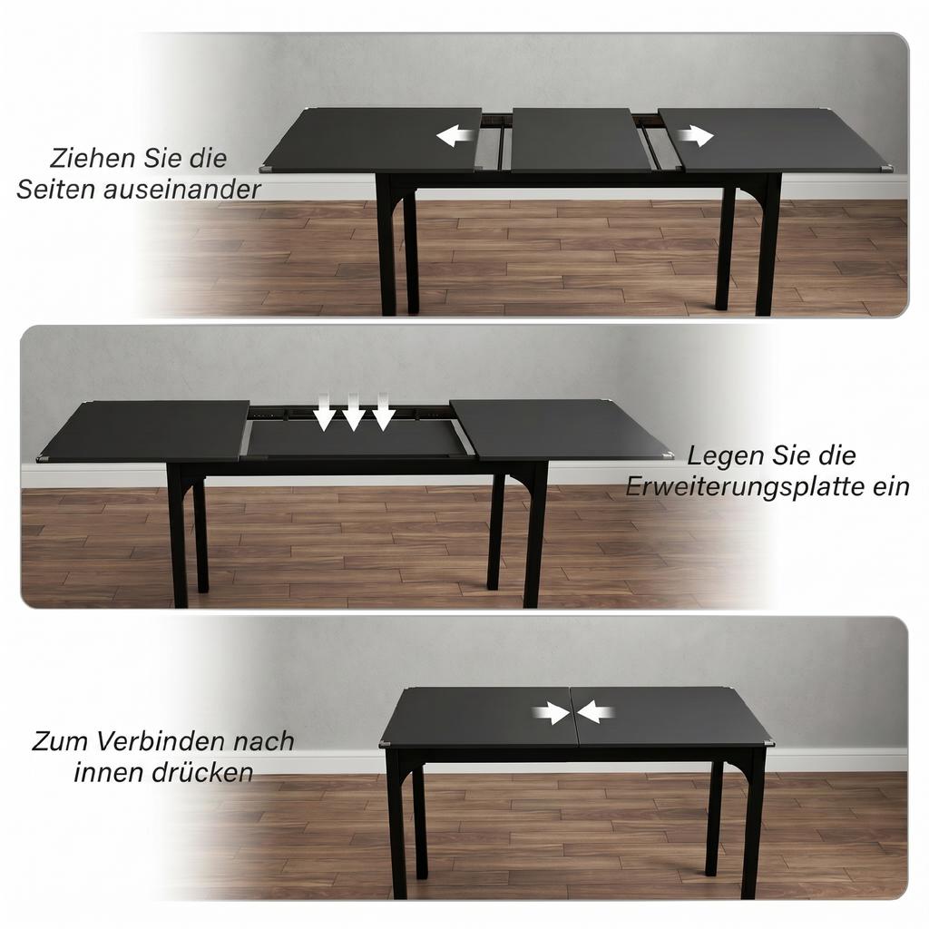 Extendable Dining Table for 4 to 6 People, Steel Legs, for Small Spaces, Dining Room, Black