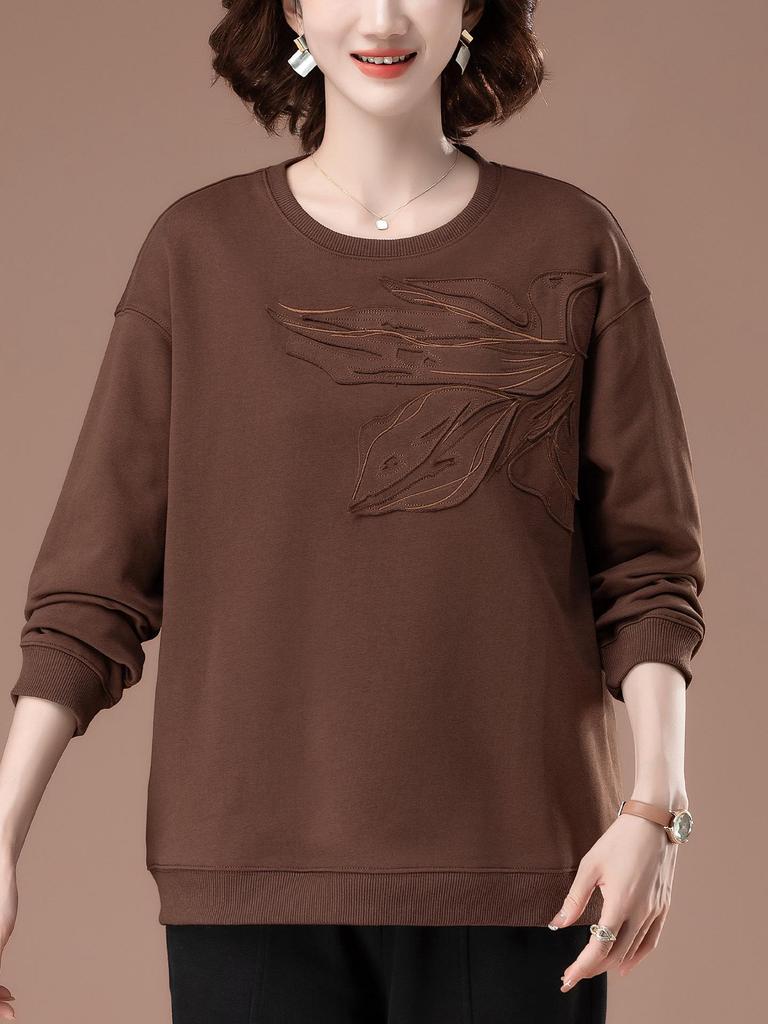Plus Size Casual Sweatshirt for Middle-Aged Women - Early Autumn Round Neck Top