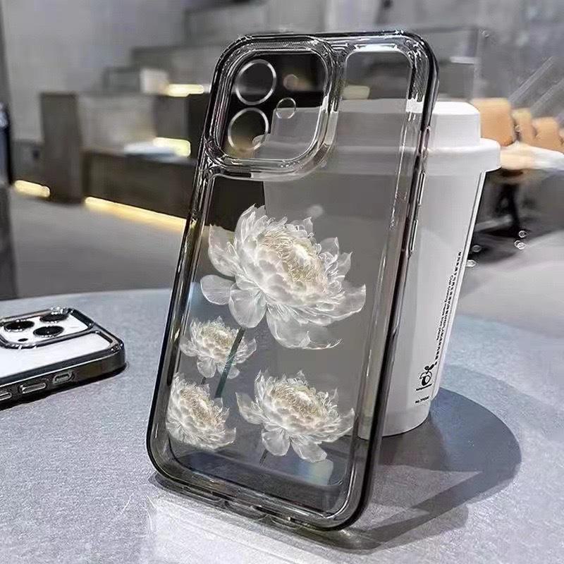 Силиконовый чехол White Lotus для iPhone 11/12/13/15 Pro Max с полной защитой и цветочным дизайном