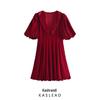 2024 Winter Women's Red Velvet Puff Sleeve Dress In European & American Style