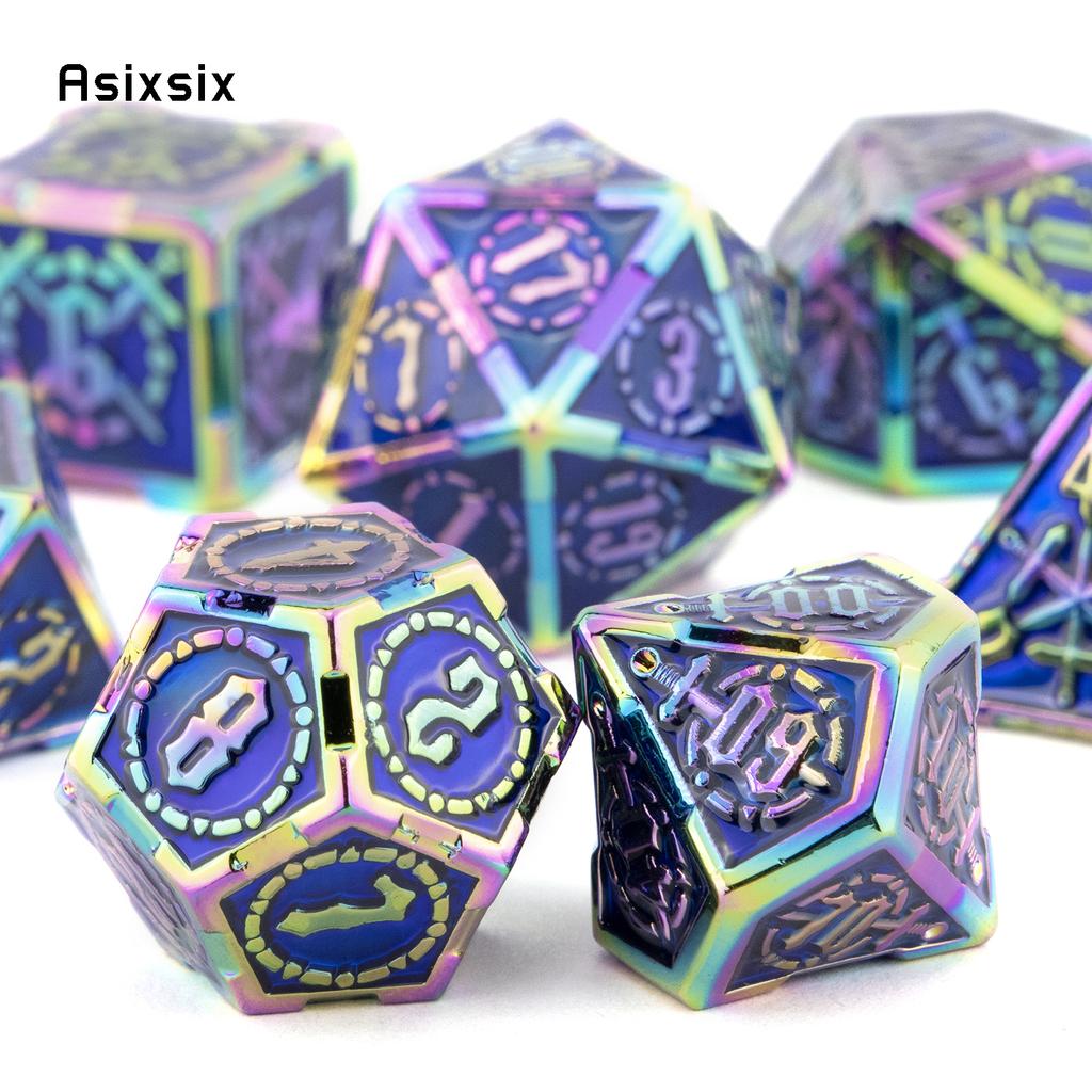 7 Pcs Blue Red Double Swords Metal Dice Solid Polyhedral Dice Set Suitable for Role-Playing RPG DND Pathfinder Board Game