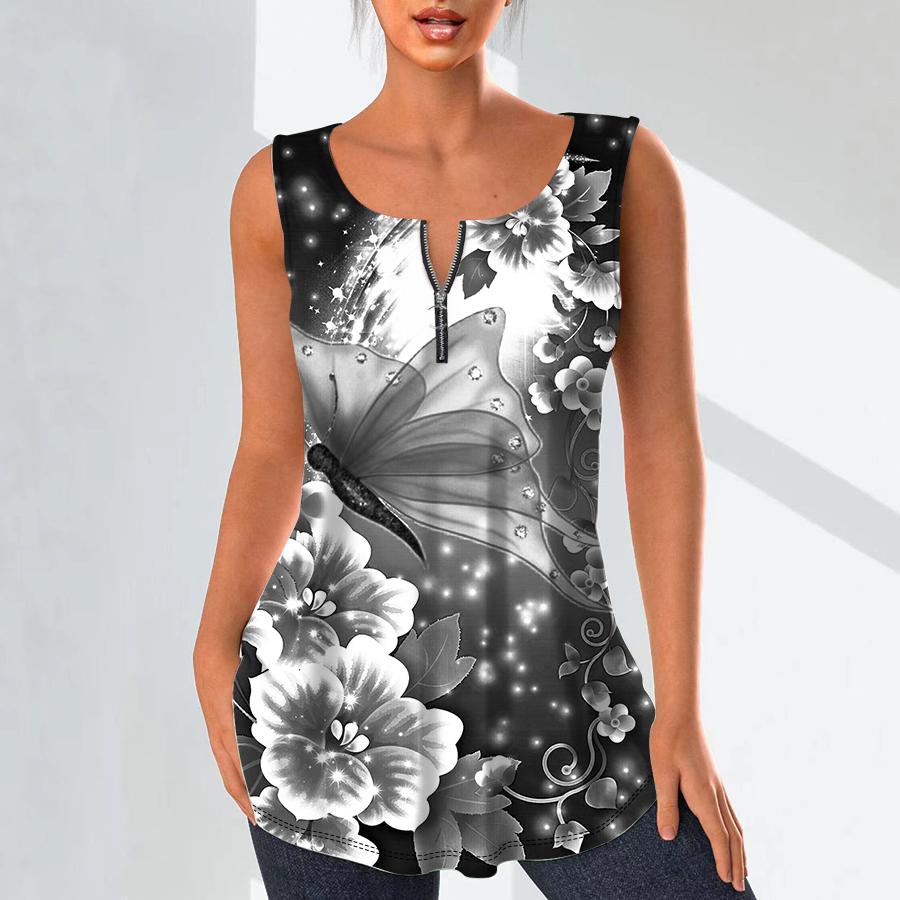 Женские модные рубашки с v-образным вырезом, повседневные топы, футболка, женский жилет с 3D великолепным цветочным принтом, блузка без рукавов больших размеров, топы на бретелях