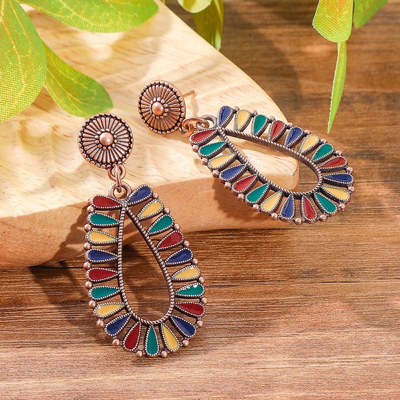 Vintage Colorful Bohemian Enamel Drop Dangle Earrings For Women Boho Hollow Geometric Ethnic Retro Stud Jewelry Female Earrings
