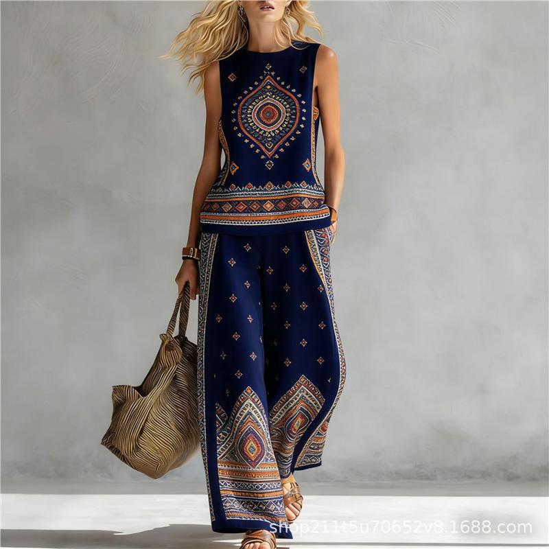 Casual suit Popular bohemian suit, contrasting color trimmed loose wide-leg pants two-piece set