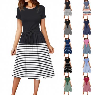 Женское повседневное модное полосатое платье с коротким рукавом и круглым вырезом, элегантное струящееся платье