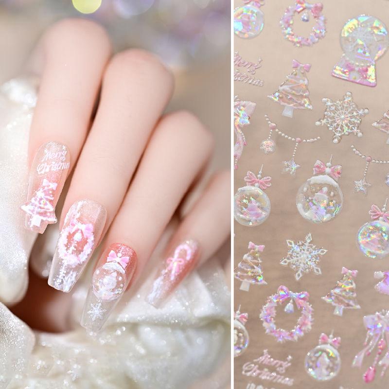 Snowflake Christmas Tree Nail Art Stickers Cute Snowflake Stars Self-Adhesive Nail Art Stickers 5D Embossed Nail Art Sticker