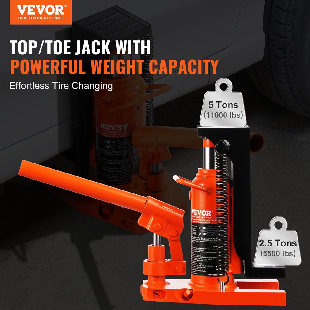 VEVOR Hydraulic Toe Jack, 2.5 Ton/2268 kg On Toe Toe Jack Lift, 5 Ton/4536 kg On Top Lift Capacity Machine Jack, 0.8-5.3 in/2-13.5 cm Toe Height
