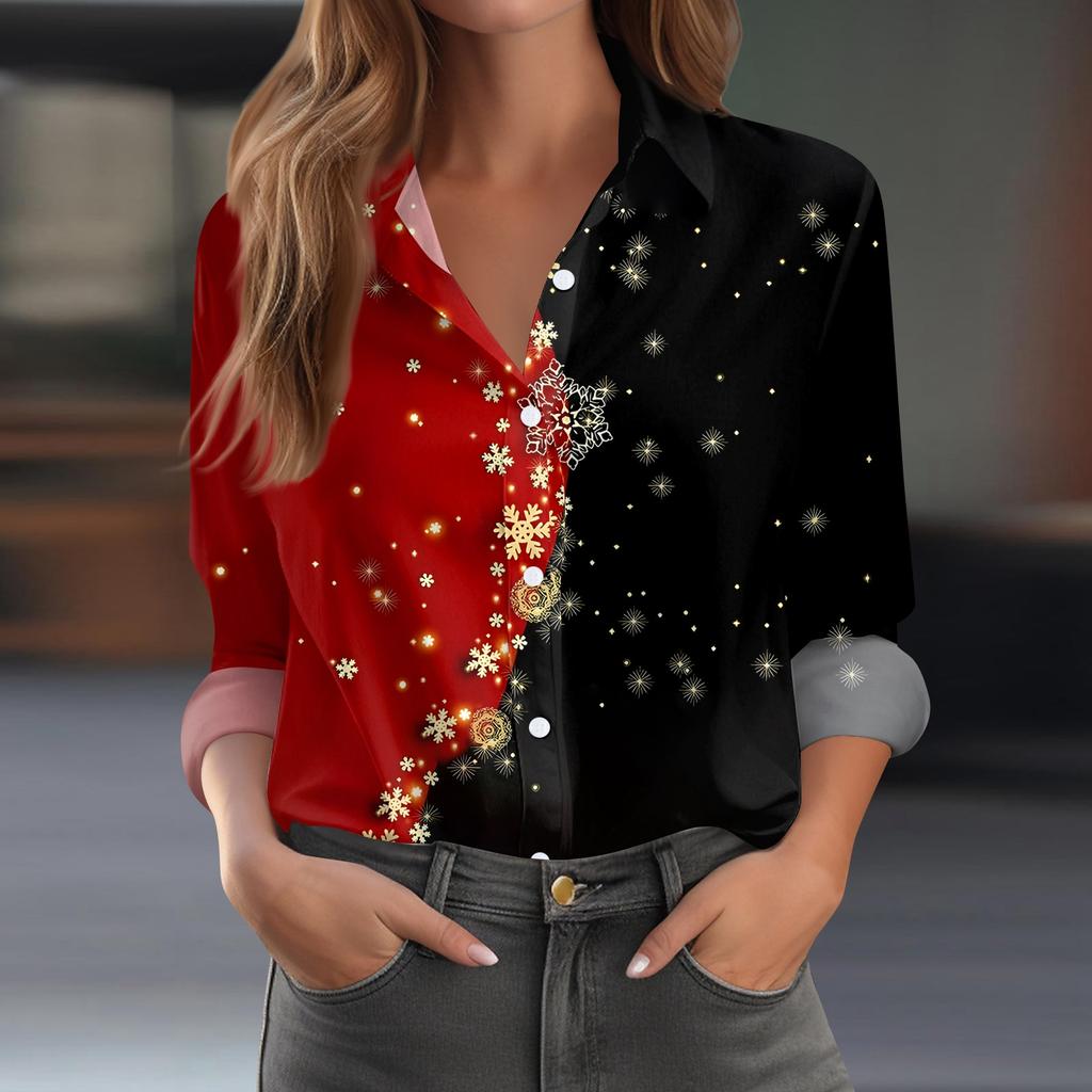 Женская рубашка-блузка с рождественским принтом и пуговицами, длинный рукав, повседневный базовый рубашечный воротник, обычный топ