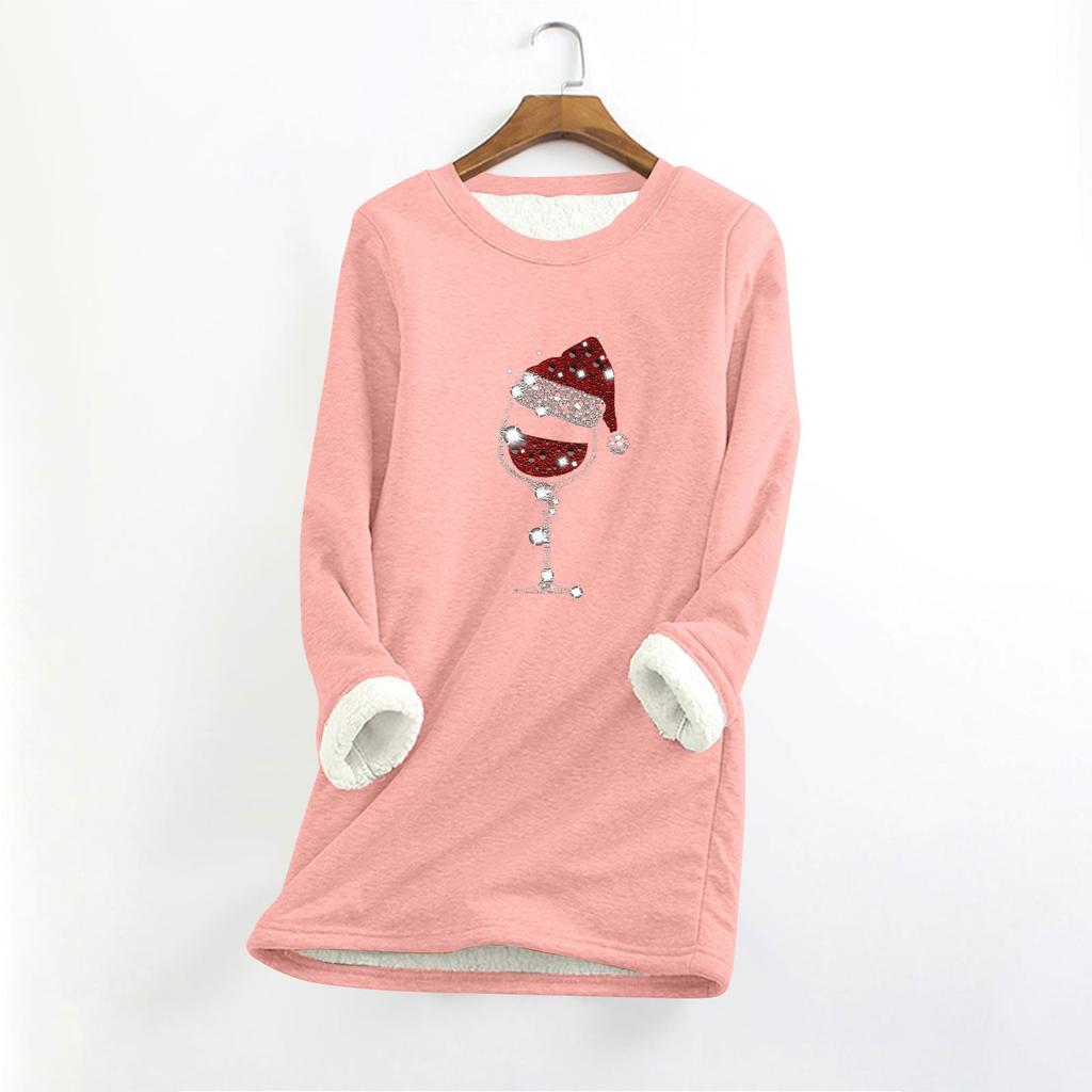 Женский круглый вырез с длинным рукавом и рождественским принтом, утолщенный плюшевый кашемировый теплый длинный топ