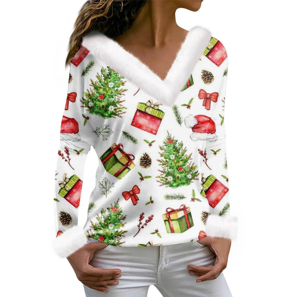Женская футболка с рождественским принтом, футболка с длинным рукавом, флисовый воротник, топ с V-образным вырезом