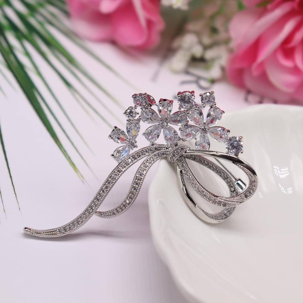 Crystal Cherry Blossom Lovely Diamond Ribbon Flower Corsage for Entrance White Gifts for Comes with Gift Case Brooch, Weddings, Graduations,