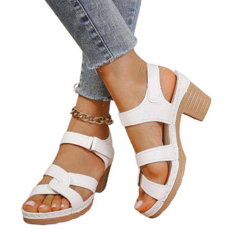 Летняя женская обувь, хит продаж 2024, модные женские сандалии с открытым носком, однотонные женские босоножки большого размера на высоком каблуке