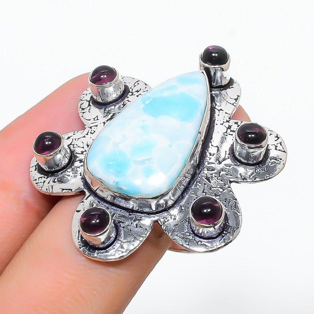 Подарочное кольцо из серебра 925 пробы с натуральным ларимаром и аметистом, размер 7 h0Q21