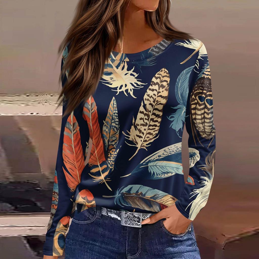 Women's Fashionable Casual  Neck Long Sleeve Hem Split Carnival Print T-Shirt Top