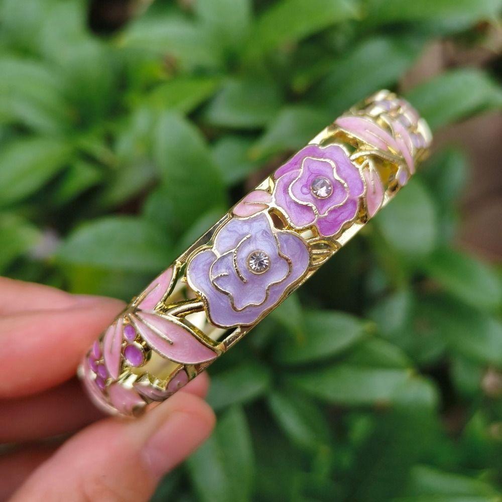 1.4cm Peony Filigree Flower Bangle Wider Women's Hand Bracelet Gifts for Women Girl