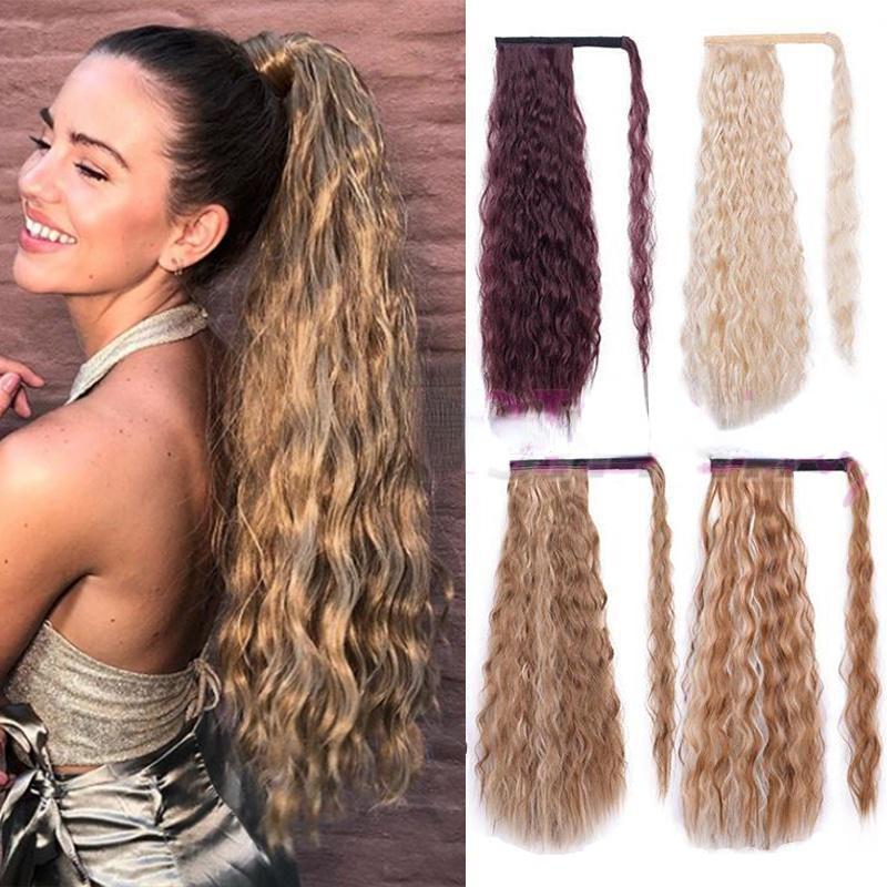 Long Ponytail Synthetic Hairpiece Wrap On Clip Hair Extensions Ombre Brown Pony Tail Blonde Hair