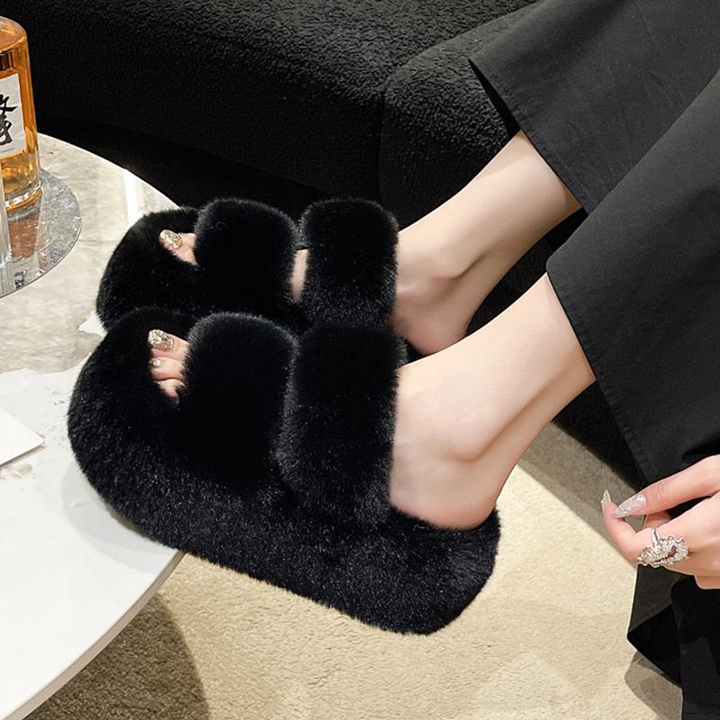 Женские меховые тапочки: Мода Осень/Зима 2025, Плюшевые Пушистые Уличные Ботинки на Толстой Подошве