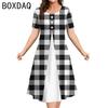 Women Vintage Black White Plaid A3D Prints Dress Summer Short Sleeve O-neck A-Line Dress Big Size Elegant Women's Dress