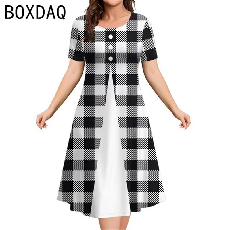 Women Vintage Black White Plaid A3D Prints Dress Summer Short Sleeve O-neck A-Line Dress Big Size Elegant Women's Dress