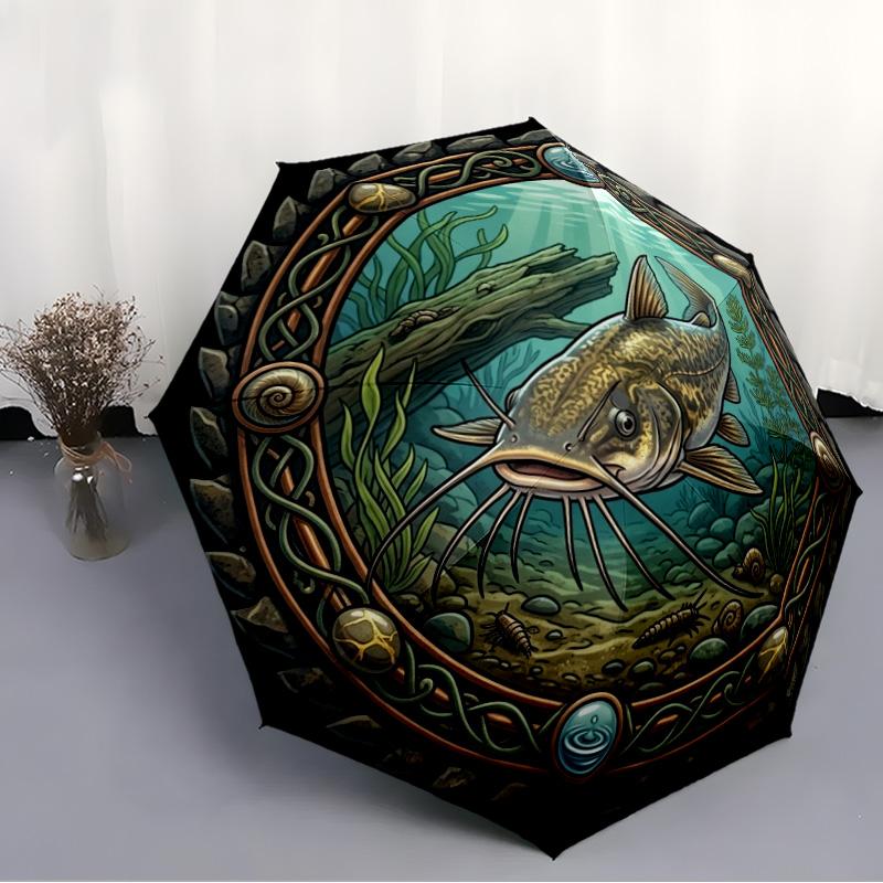 Underwater Catfish Scene pattern umbrella, portable and foldable design, 8 ribs, a casual accessory for Halloween, Christmas, and birthday gifts.