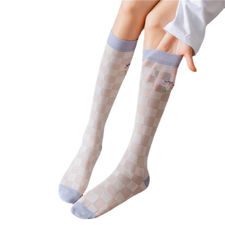 Spring And Summer Color Matching Plaid Flower Calf Socks Women'S Retro Mori College Style Knee Cotton Socks Japanese Jk