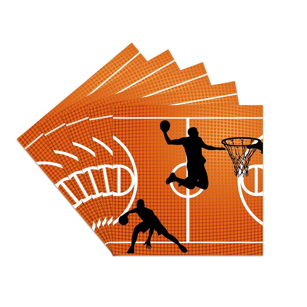 Набор одноразовой посуды для дня рождения в баскетбольной тематике: Бумажные стаканчики, Бумажные тарелки, Салфетки, Ножи, Вилки, Ложки, Украшения для вечеринки