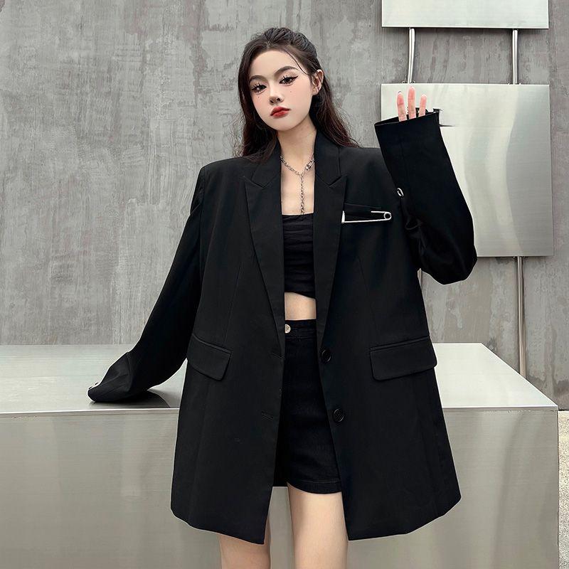 Премиальное черное пальто свободного кроя с уникальным дизайном для женщин, уличный модный шикарный блейзер небольшого размера с первоклассным ощущением