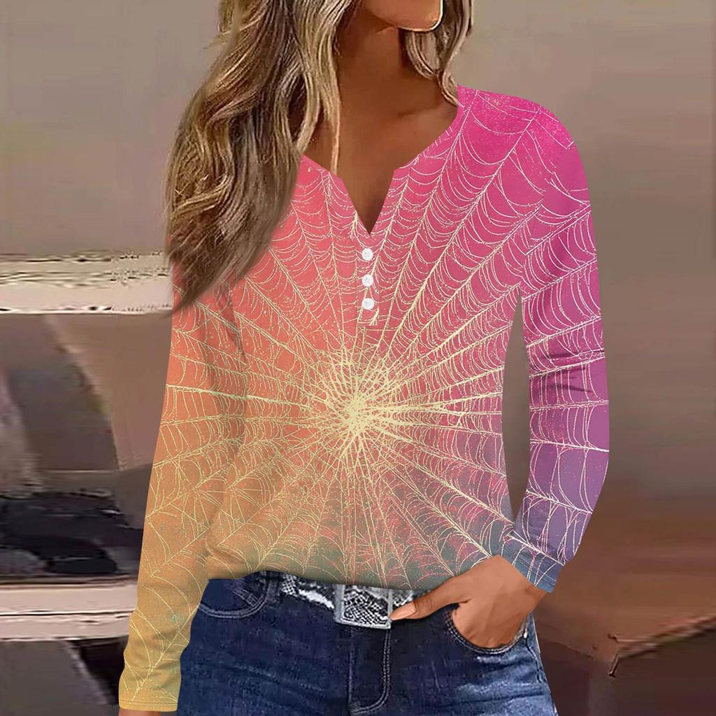 Жен. Футболка Футболка на пуговицах с длинным рукавом Повседневные Выходные Мода Классический Топ с v-образным вырезом Обычный