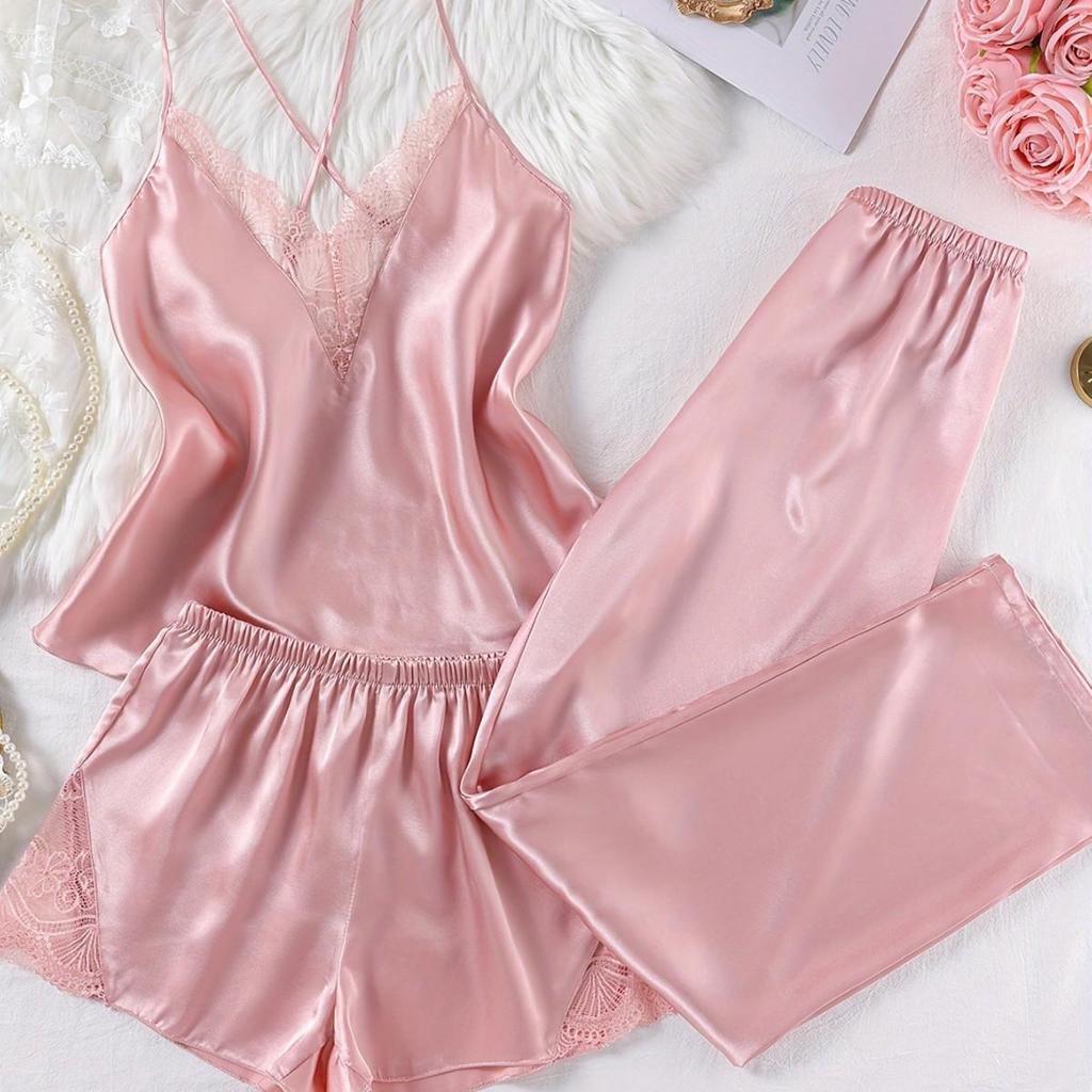 Women's Lace Satin Pajama Set - Camisole, Shorts & Wrap