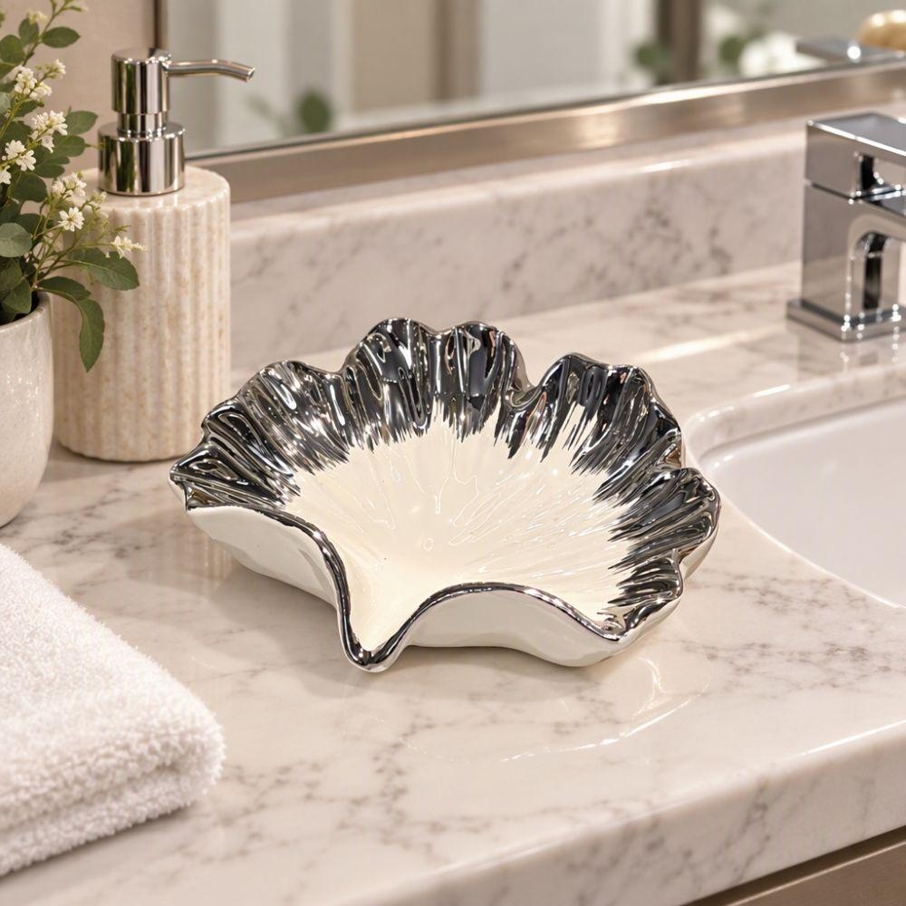 Ceramic Shell Soap Holder V-shaped Drainage Soap Organizer Ginkgo Leaf Drain Soap Dish Jewelry
