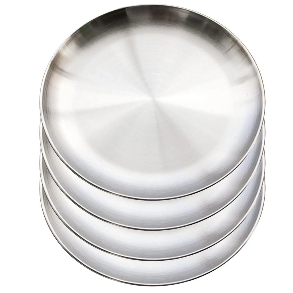 4 Pack 20cm Round Metal Dish Camping Stainless Steel 304 Serving Dinner Plates for Used ForBBQ Snack Salad Metal Dining Plates