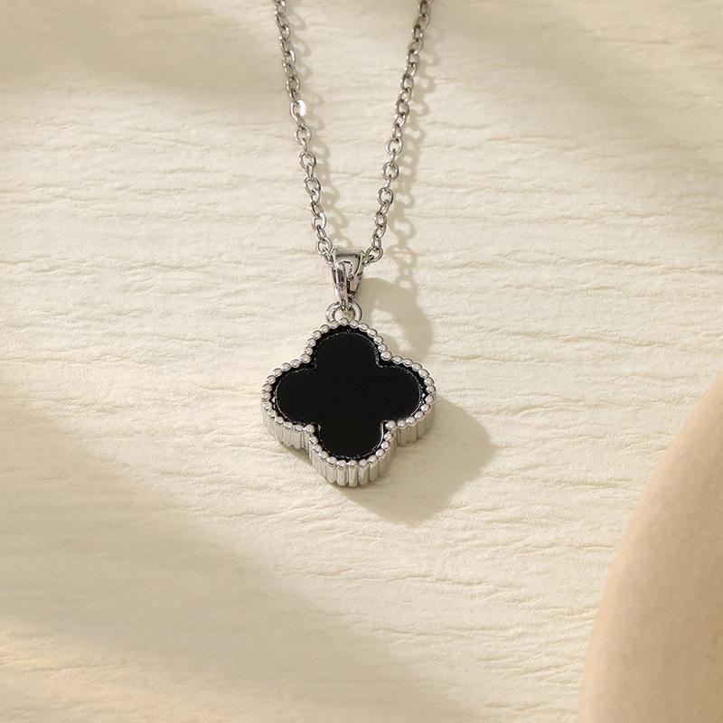 Классическое простое элегантное ожерелье из титановой стали в виде клевера для женщин - Двустороннее, с микро-граненым цирконом для универсальной цепочки-чокера