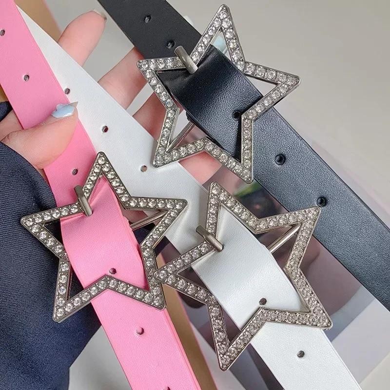 Y2K Star Buckle Belt Pink Leather Elastic Beading Decorationed Belt Sparkling Rhinestone Retro Wedding Decoration Accessories