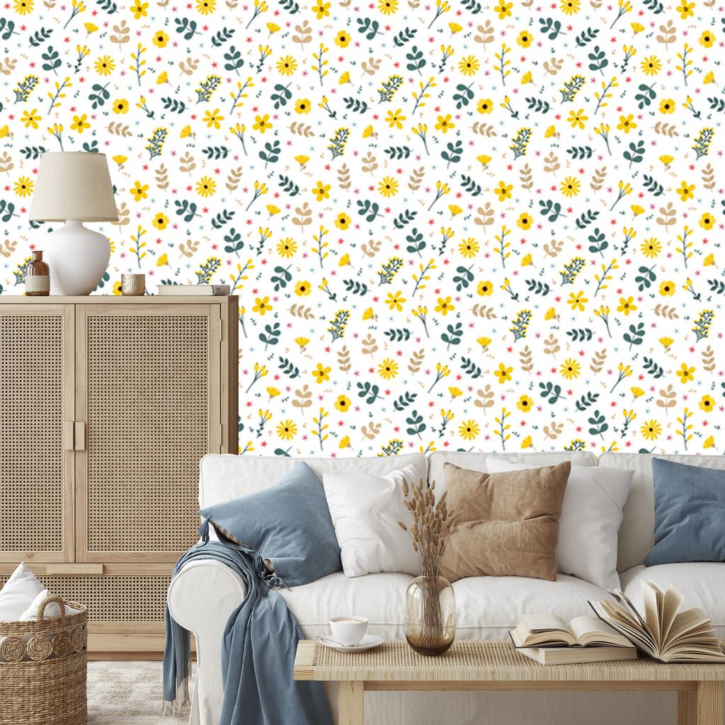 Wallpaper Flowers white, cream, light gray and yellow 50x1000