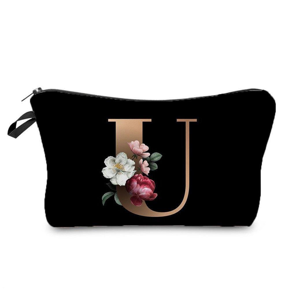 26 Initials Flower Cosmetic Bag A-Z Letter Makeup Bags Women Travel Bridesmaid Gift Ladies Portable Cosmetic Case Beauty Bag