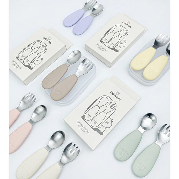 UBMom Infant Stainless Steel Silicone Handle Baby Food Spoon Fork Case Set, Sweet Potato Dumplings (Lavender), 1 Set, Korean Popular Tableware