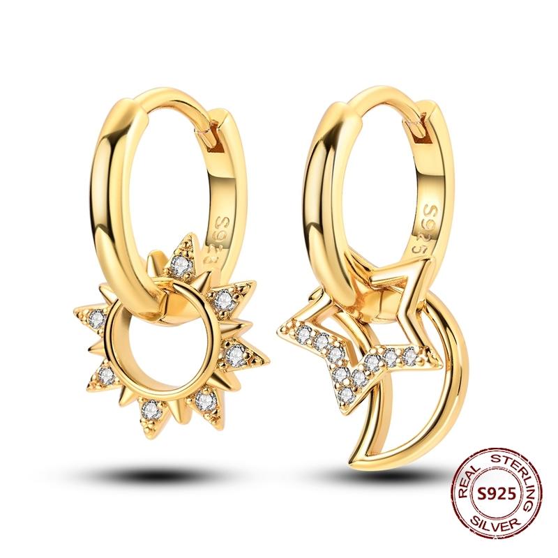 Серьги-кольца Звезда Луна Солнце из стерлингового серебра 925 пробы Оригинальные Сияющие Цирконы Кисточки Длинные Серьги Для Женщин Роскошный Цирконовый Подарок