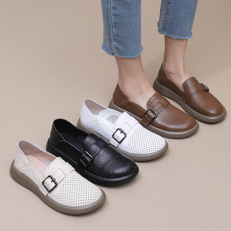 Fashion GKTINOO 2024 White Moccasins For Women Genuine Leather Flats Hollow Loafers Shoes Women's Soft Casual Sneakers Flat Shoes