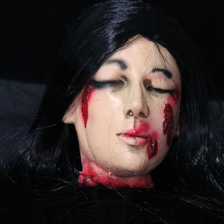 Haunted Halloween House Scene Decoration With Latex Long Hair Female Prop Head