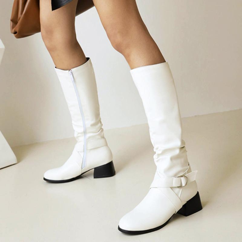 Женские новые горячие продажи сапоги выше колена с пряжкой и круглым носком высокие сапоги женские плиссированные на низком каблуке повседневные кожаные зимние женские сапоги
