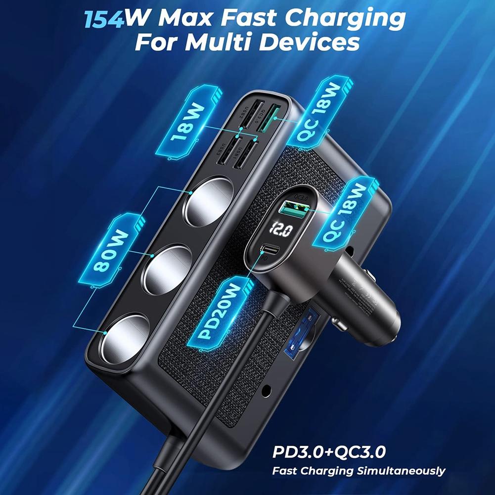 3 розетки, автоматический разветвитель прикуривателя, адаптер автомобильного зарядного устройства 9 в 1 с быстрой зарядкой PD/QC 3,0*2, 154 Вт, 12 В/24 В, независимые переключатели постоянного тока для всех автомобилей