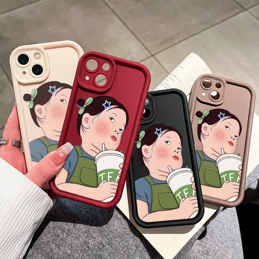 Cartoon Milk Tea Girl Phone Case for iPhone Samsung Galaxy Xiaomi Redmi POCO HUAWEI Honor Shockproof Rubber Soft Flexible Cover Casing