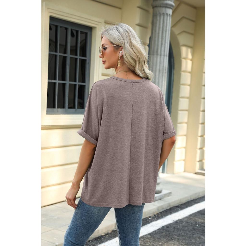GMXIA Весенне-летняя однотонная футболка с круглым вырезом, свободного кроя, с короткими рукавами для женщин