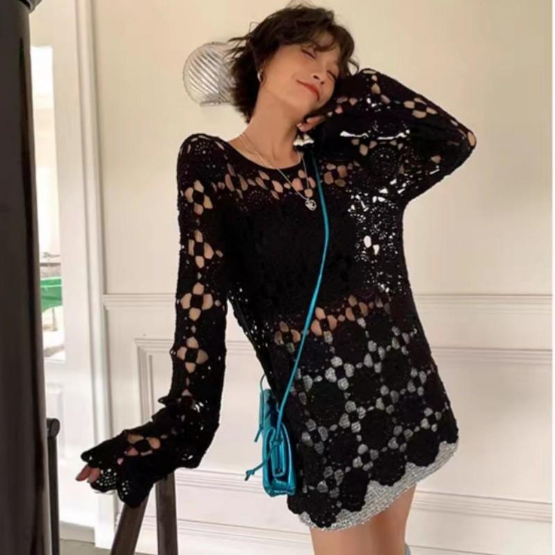 Chic Knitted Hollow-Out Sweater | Plus Size French Style | Loose Long Sleeve | Early Autumn Women's Outerwear