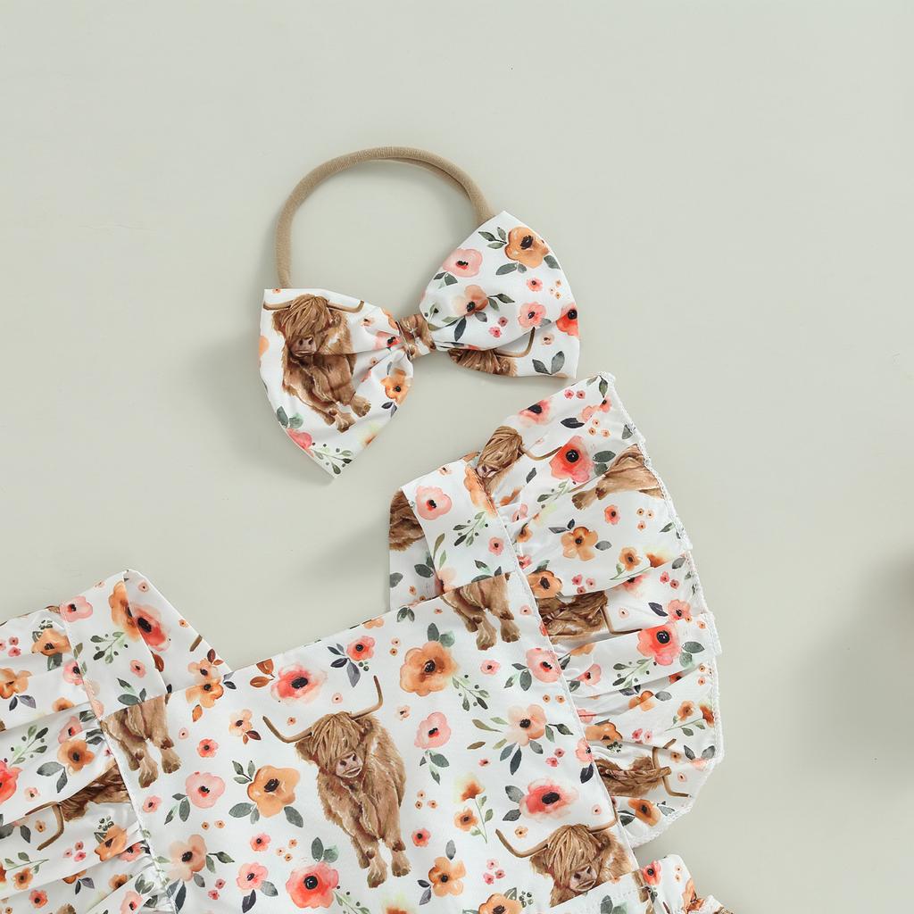 Girls Romper Head Band Suit Summer Fly Sleeve Square Neck Bull Print Romper Bow Headwear