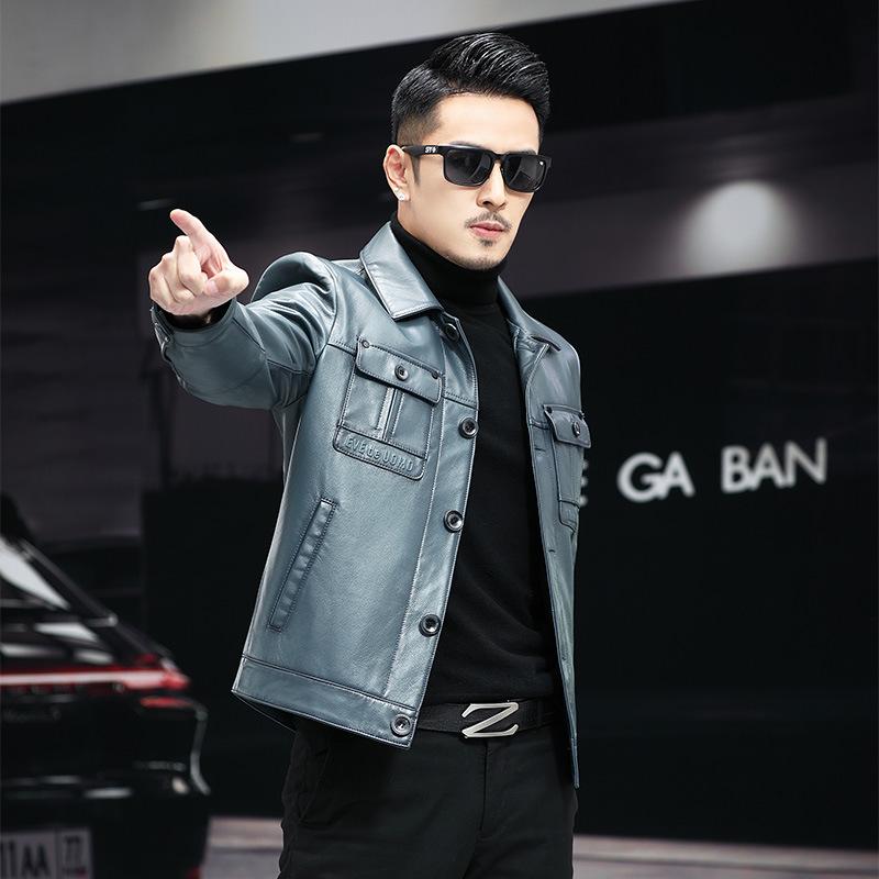 Весна и осень, новый верхний слой телячьей кожи, кожаная куртка мужская с лацканами, повседневная деловая куртка для мужчин