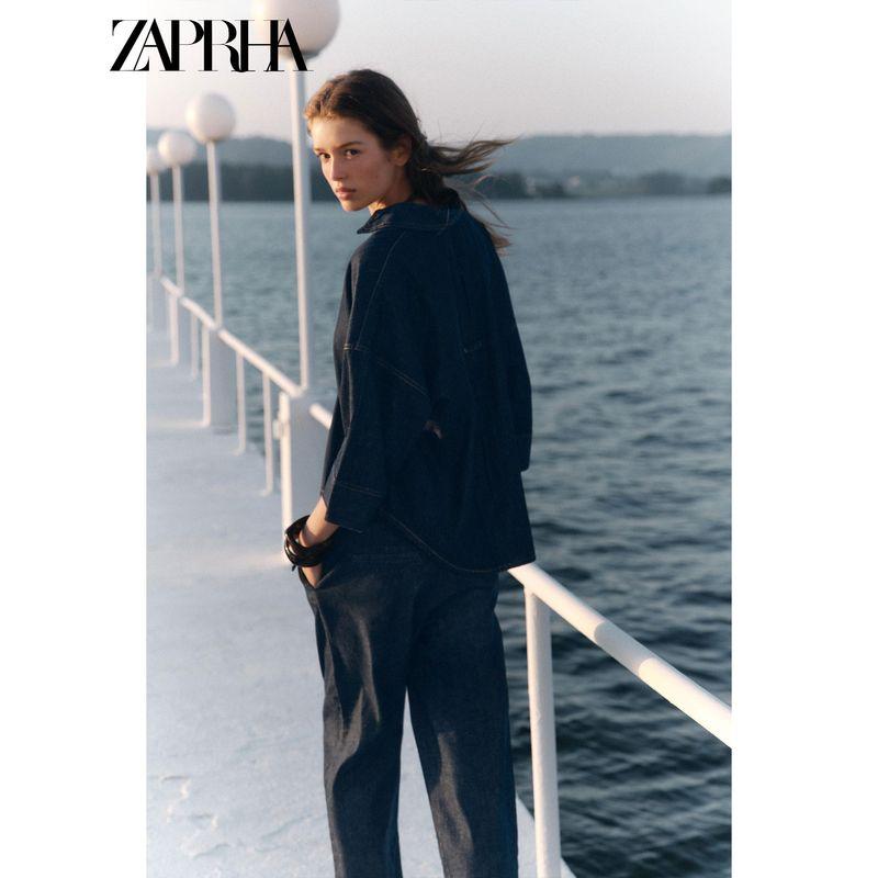 Zaprha 2025 Summer New Women clothes Fashion Popular Lapel V-neck Wide Sleeve Demin shirt 7484152