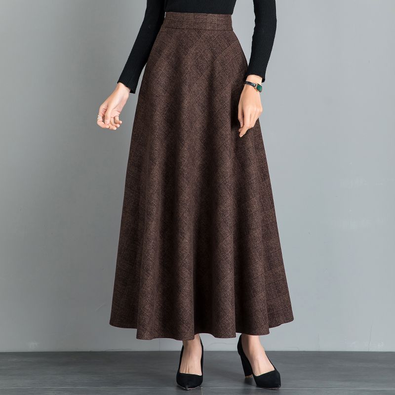 New Woolen Plaid Skirt for Women Mid-length Autumn and Winter Slimming High-waisted A-line Skirt Casual Long Skirt